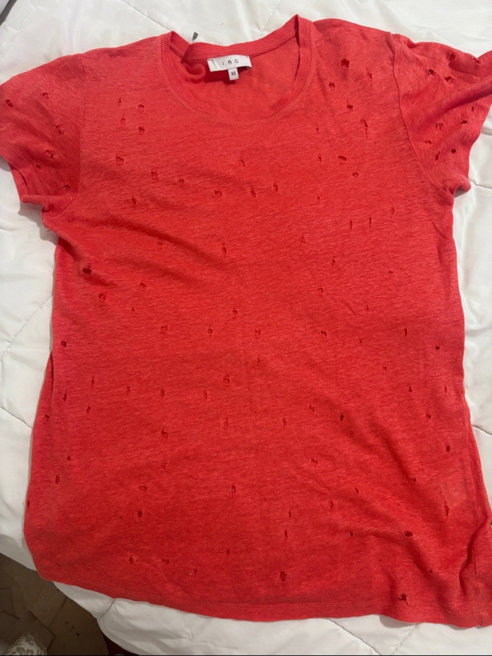 IRO Distressed Short-Sleeve Tee in Coral